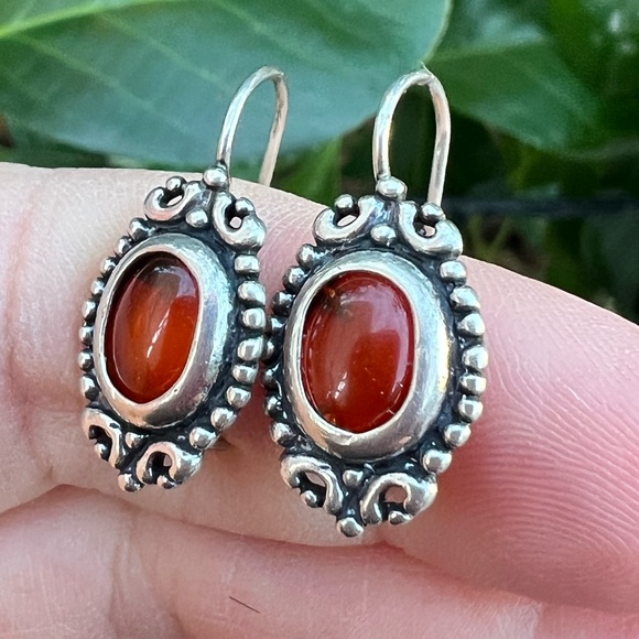 VINTAGE 925 STERLING SLVR OVAL AMBER SMALL ORNATE EARRINGS DROP DANGLE WIRE LOCK - Picture 7 of 16